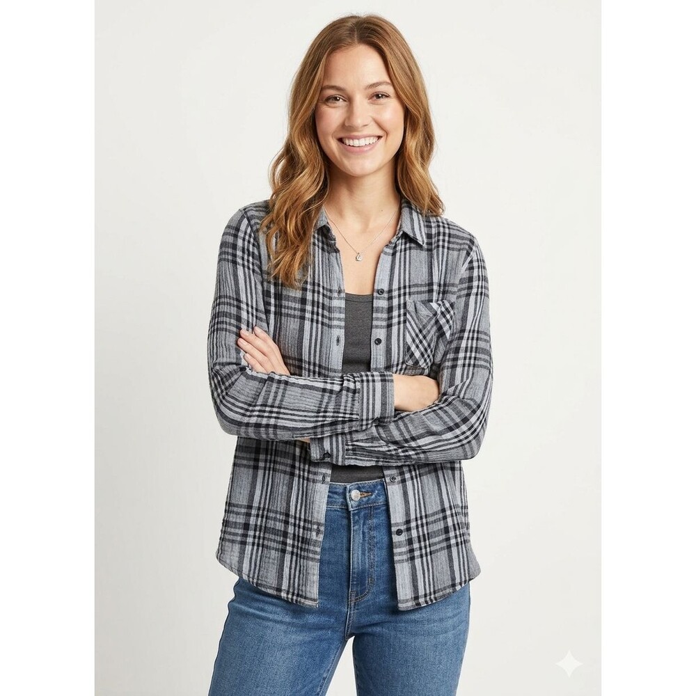 Lucky Brand Hayden Plaid Button Down Shirt Sz L Gray Navy 100% Cotton Light wght